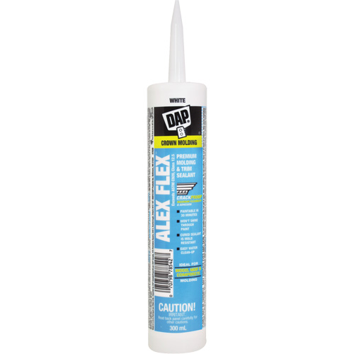 Scellant de silicone, acrylique et latex de qualit&eacute; sup&eacute;rieure pour moulures et garnitures Alex Flex, 300 ml, Cartouche, Blanc PB Rental Co. Ltd.