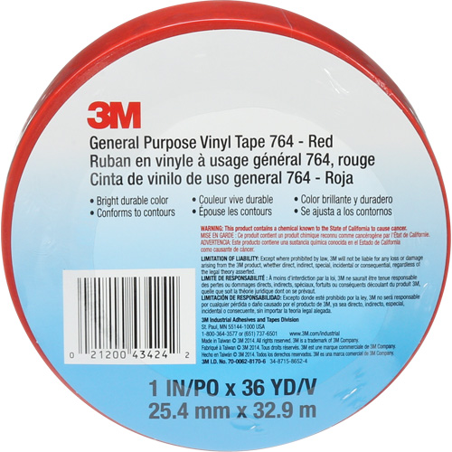 Ruban en vinyle pour travaux g&eacute;n&eacute;raux 764, 25,4 mm (1") la x 32,9 m (108') lo, 5 mils, Rouge PB Rental Co. Ltd.