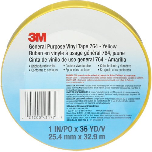 Ruban en vinyle pour travaux g&eacute;n&eacute;raux 764, 25,4 mm (1") la x 32,9 m (108') lo, 5 mils, Jaune PB Rental Co. Ltd.