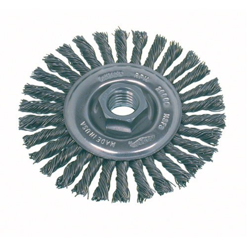 Brosse rotative &agrave; fils nou&eacute;s pour petites meuleuses haute vitesse, pour passe de fond, Dia. 4", Fils 0,02", Arbre 5/8"-11, Acier PB Rental Co. Ltd.