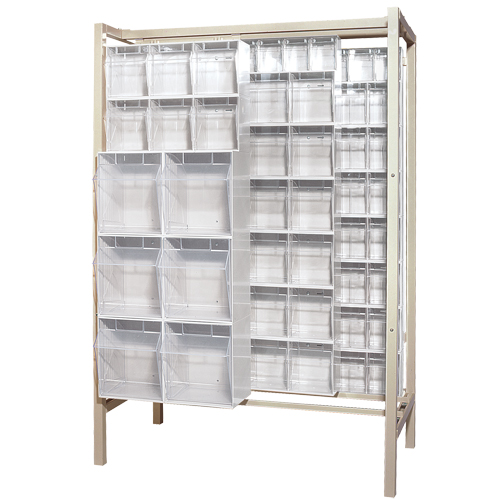 Syst&egrave;me de stockage &agrave; glissi&egrave;re &agrave; bacs basculants autonome, 51-1/4" la x 26" p x 77" h, 101 tiroirs PB Rental Co. Ltd.