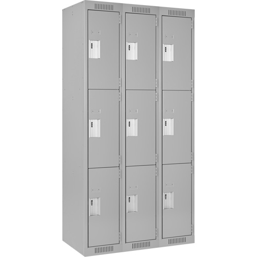 Clean Line Lockers, 3 -tier, Bank of 3, 36" x 18" x 72", Steel, Grey, Rivet (Assembled) PB Rental Co. Ltd.