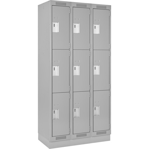 Clean Line Lockers, 3 -tier, Bank of 3, 36" x 18" x 76", Steel, Grey, Rivet (Assembled) PB Rental Co. Ltd.