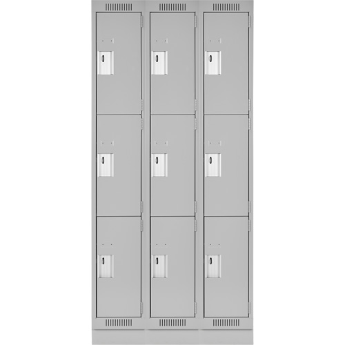 Clean Line Lockers, 3 -tier, Bank of 3, 36" x 18" x 76", Steel, Grey, Rivet (Assembled) PB Rental Co. Ltd.