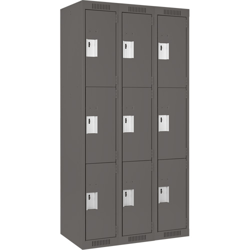 Clean Line Lockers, 3 -tier, Bank of 3, 36" x 18" x 72", Steel, Charcoal, Rivet (Assembled) PB Rental Co. Ltd.