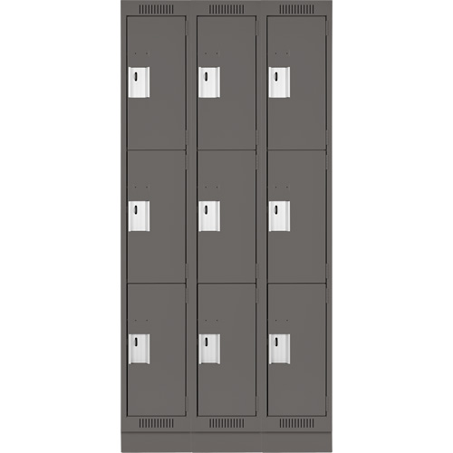 Clean Line Lockers, 3 -tier, Bank of 3, 36" x 18" x 76", Steel, Charcoal, Rivet (Assembled) PB Rental Co. Ltd.