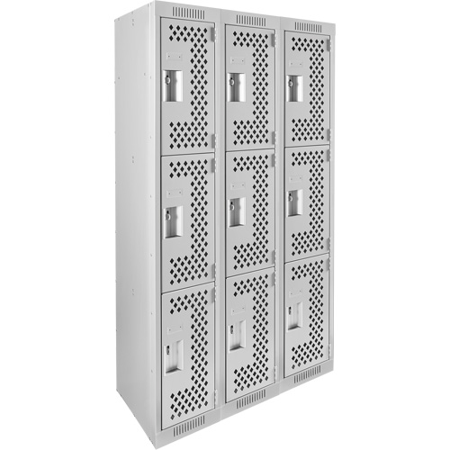 Clean Line Lockers, 3 -tier, Bank of 3, 36" x 12" x 72", Steel, Grey, Rivet (Assembled), Perforated PB Rental Co. Ltd.