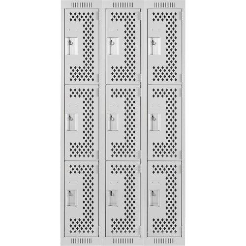 Clean Line Lockers, 3 -tier, Bank of 3, 36" x 12" x 72", Steel, Grey, Rivet (Assembled), Perforated PB Rental Co. Ltd.