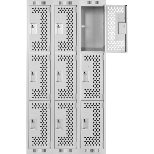 Clean Line Lockers, 3 -tier, Bank of 3, 36" x 12" x 72", Steel, Grey, Rivet (Assembled), Perforated PB Rental Co. Ltd.