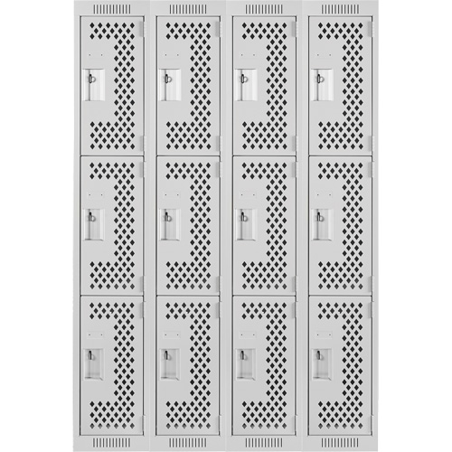 Clean Line Lockers, 3 -tier, Bank of 4, 48" x 12" x 72", Steel, Grey, Rivet (Assembled), Perforated PB Rental Co. Ltd.