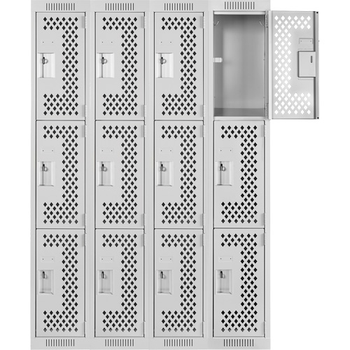 Clean Line Lockers, 3 -tier, Bank of 4, 48" x 12" x 72", Steel, Grey, Rivet (Assembled), Perforated PB Rental Co. Ltd.