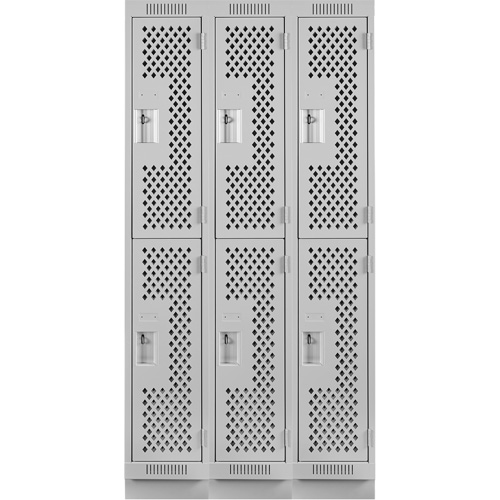 Clean Line Lockers, 2 -tier, Bank of 3, 36" x 15" x 76", Steel, Grey, Rivet (Assembled), Perforated PB Rental Co. Ltd.