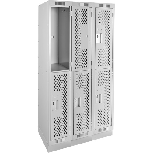 Clean Line Lockers, 2 -tier, Bank of 3, 36" x 15" x 76", Steel, Grey, Rivet (Assembled), Perforated PB Rental Co. Ltd.