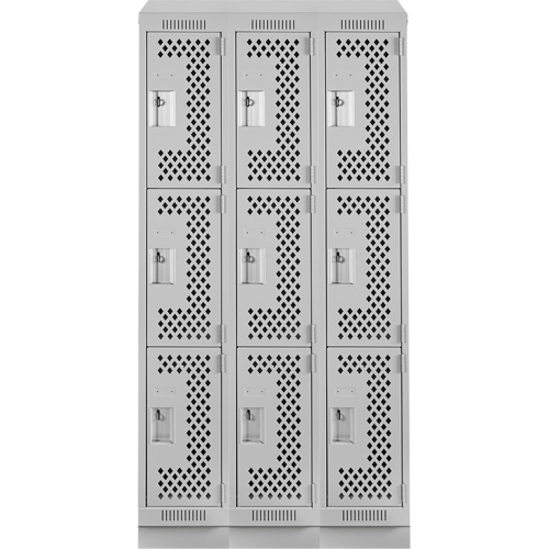 Clean Line Lockers, 3 -tier, Bank of 3, 36" x 15" x 82", Steel, Grey, Rivet (Assembled), Perforated PB Rental Co. Ltd.