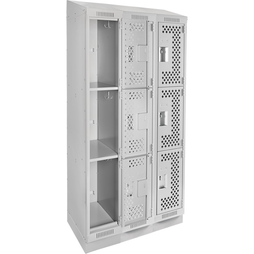 Clean Line Lockers, 3 -tier, Bank of 3, 36" x 15" x 82", Steel, Grey, Rivet (Assembled), Perforated PB Rental Co. Ltd.