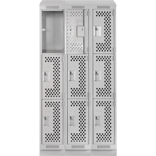 Clean Line Lockers, 3 -tier, Bank of 3, 36" x 15" x 82", Steel, Grey, Rivet (Assembled), Perforated PB Rental Co. Ltd.