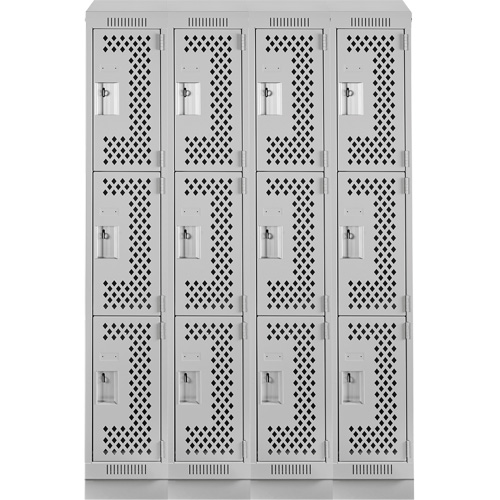 Clean Line Lockers, 3 -tier, Bank of 4, 48" x 15" x 82", Steel, Grey, Rivet (Assembled), Perforated PB Rental Co. Ltd.