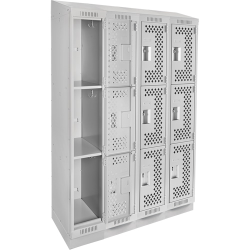 Clean Line Lockers, 3 -tier, Bank of 4, 48" x 15" x 82", Steel, Grey, Rivet (Assembled), Perforated PB Rental Co. Ltd.