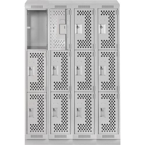 Clean Line Lockers, 3 -tier, Bank of 4, 48" x 15" x 82", Steel, Grey, Rivet (Assembled), Perforated PB Rental Co. Ltd.