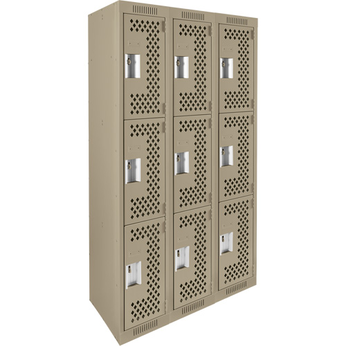 Clean Line Lockers, 3 -tier, Bank of 3, 36" x 12" x 72", Steel, Beige, Rivet (Assembled), Perforated PB Rental Co. Ltd.