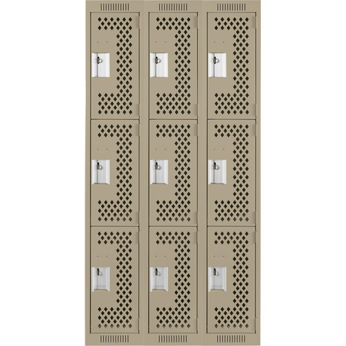 Clean Line Lockers, 3 -tier, Bank of 3, 36" x 12" x 72", Steel, Beige, Rivet (Assembled), Perforated PB Rental Co. Ltd.
