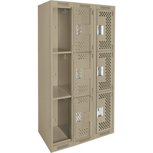 Clean Line Lockers, 3 -tier, Bank of 3, 36" x 12" x 72", Steel, Beige, Rivet (Assembled), Perforated PB Rental Co. Ltd.