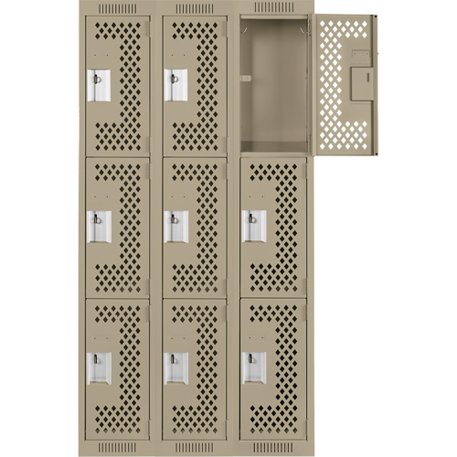 Clean Line Lockers, 3 -tier, Bank of 3, 36" x 12" x 72", Steel, Beige, Rivet (Assembled), Perforated PB Rental Co. Ltd.