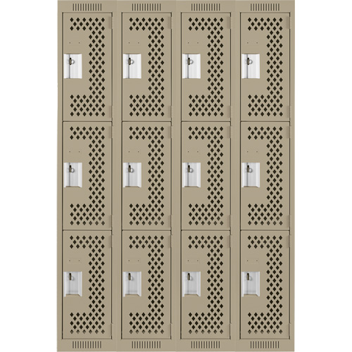 Clean Line Lockers, 3 -tier, Bank of 4, 48" x 12" x 72", Steel, Beige, Rivet (Assembled), Perforated PB Rental Co. Ltd.