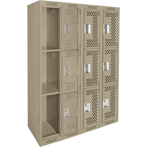 Clean Line Lockers, 3 -tier, Bank of 4, 48" x 12" x 72", Steel, Beige, Rivet (Assembled), Perforated PB Rental Co. Ltd.