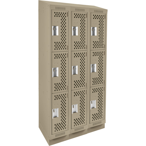 Clean Line Lockers, 3 -tier, Bank of 3, 36" x 15" x 82", Steel, Beige, Rivet (Assembled), Perforated PB Rental Co. Ltd.