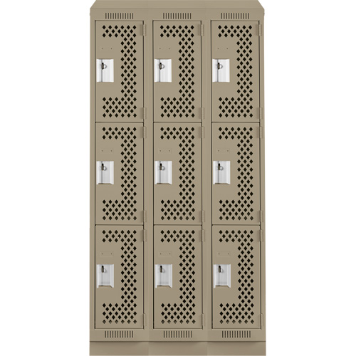 Clean Line Lockers, 3 -tier, Bank of 3, 36" x 15" x 82", Steel, Beige, Rivet (Assembled), Perforated PB Rental Co. Ltd.