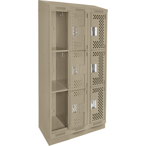 Clean Line Lockers, 3 -tier, Bank of 3, 36" x 15" x 82", Steel, Beige, Rivet (Assembled), Perforated PB Rental Co. Ltd.