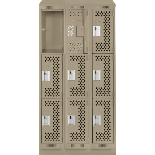Clean Line Lockers, 3 -tier, Bank of 3, 36" x 15" x 82", Steel, Beige, Rivet (Assembled), Perforated PB Rental Co. Ltd.