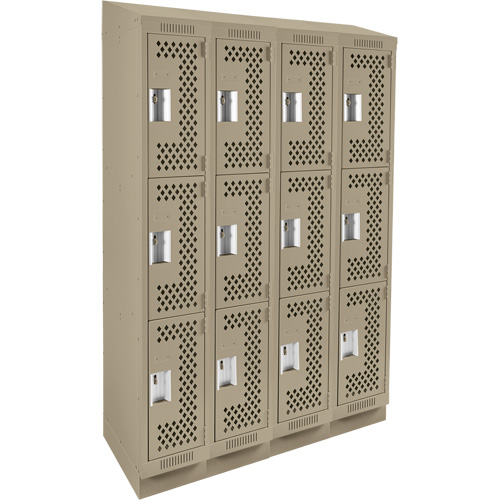 Clean Line Lockers, 3 -tier, Bank of 4, 48" x 15" x 82", Steel, Beige, Rivet (Assembled), Perforated PB Rental Co. Ltd.