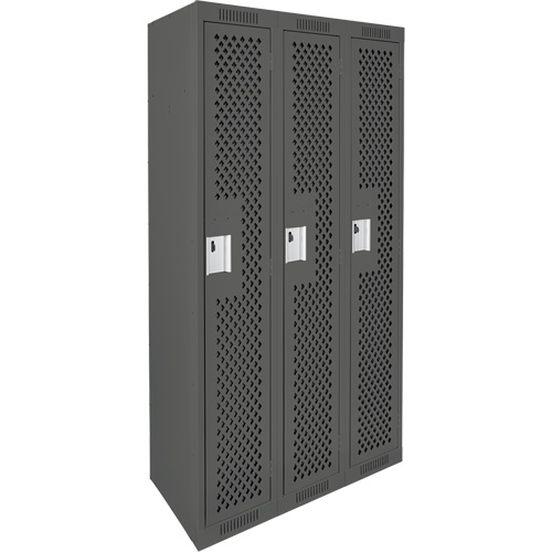 Clean Line Lockers, Bank of 3, 36" x 15" x 72", Steel, Charcoal, Rivet (Assembled), Perforated PB Rental Co. Ltd.