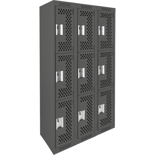 Clean Line Lockers, 3 -tier, Bank of 3, 36" x 12" x 72", Steel, Charcoal, Rivet (Assembled), Perforated PB Rental Co. Ltd.