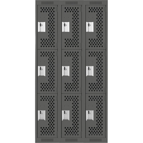 Clean Line Lockers, 3 -tier, Bank of 3, 36" x 12" x 72", Steel, Charcoal, Rivet (Assembled), Perforated PB Rental Co. Ltd.
