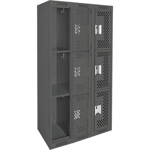 Clean Line Lockers, 3 -tier, Bank of 3, 36" x 12" x 72", Steel, Charcoal, Rivet (Assembled), Perforated PB Rental Co. Ltd.