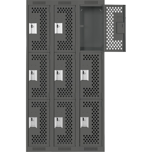 Clean Line Lockers, 3 -tier, Bank of 3, 36" x 12" x 72", Steel, Charcoal, Rivet (Assembled), Perforated PB Rental Co. Ltd.