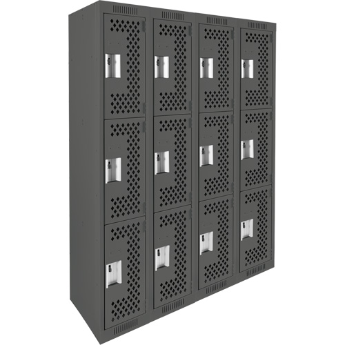 Clean Line Lockers, 3 -tier, Bank of 4, 48" x 12" x 72", Steel, Charcoal, Rivet (Assembled), Perforated PB Rental Co. Ltd.