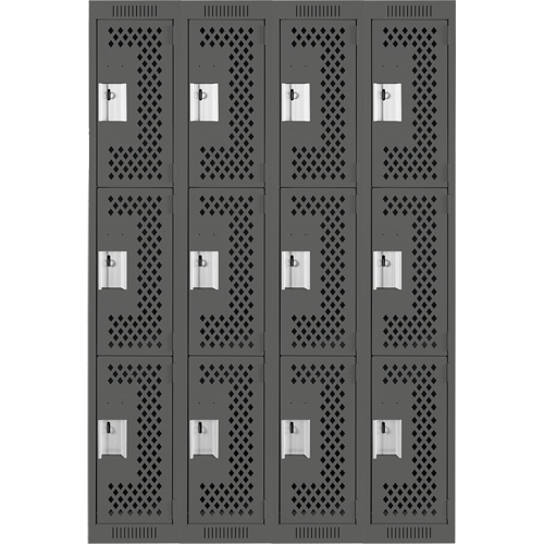 Clean Line Lockers, 3 -tier, Bank of 4, 48" x 12" x 72", Steel, Charcoal, Rivet (Assembled), Perforated PB Rental Co. Ltd.