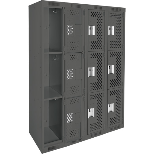 Clean Line Lockers, 3 -tier, Bank of 4, 48" x 12" x 72", Steel, Charcoal, Rivet (Assembled), Perforated PB Rental Co. Ltd.