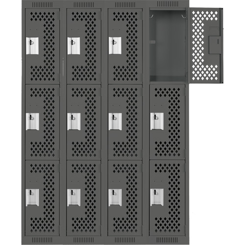 Clean Line Lockers, 3 -tier, Bank of 4, 48" x 12" x 72", Steel, Charcoal, Rivet (Assembled), Perforated PB Rental Co. Ltd.