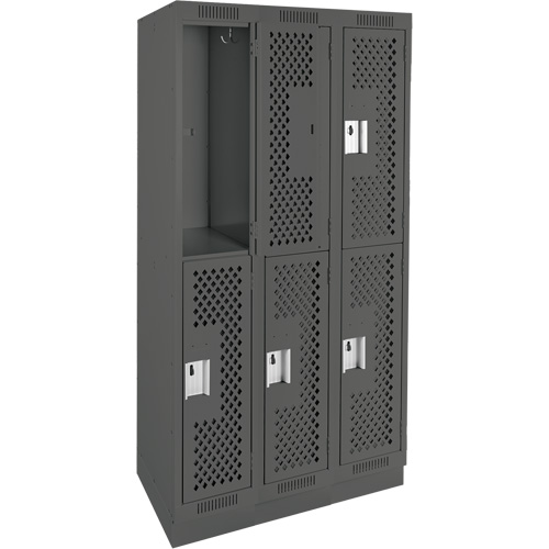 Clean Line Lockers, 2 -tier, Bank of 3, 36" x 15" x 76", Steel, Charcoal, Rivet (Assembled), Perforated PB Rental Co. Ltd.