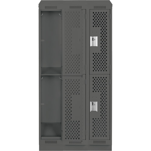 Clean Line Lockers, 2 -tier, Bank of 3, 36" x 12" x 82", Steel, Charcoal, Rivet (Assembled), Perforated PB Rental Co. Ltd.