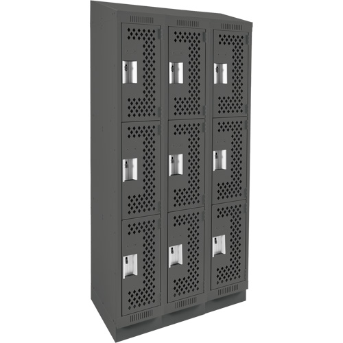 Clean Line Lockers, 3 -tier, Bank of 3, 36" x 15" x 82", Steel, Charcoal, Rivet (Assembled), Perforated PB Rental Co. Ltd.