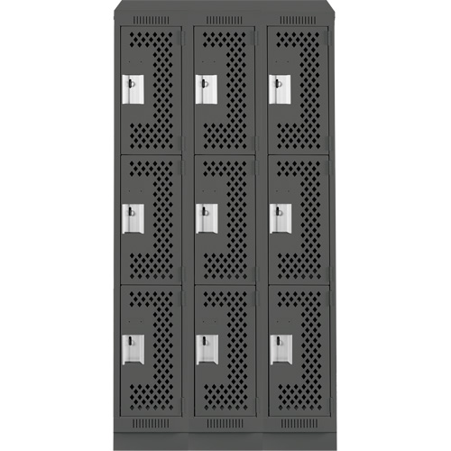 Clean Line Lockers, 3 -tier, Bank of 3, 36" x 15" x 82", Steel, Charcoal, Rivet (Assembled), Perforated PB Rental Co. Ltd.