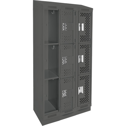 Clean Line Lockers, 3 -tier, Bank of 3, 36" x 15" x 82", Steel, Charcoal, Rivet (Assembled), Perforated PB Rental Co. Ltd.