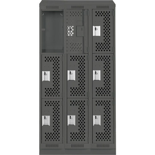 Clean Line Lockers, 3 -tier, Bank of 3, 36" x 15" x 82", Steel, Charcoal, Rivet (Assembled), Perforated PB Rental Co. Ltd.