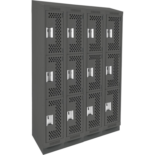Clean Line Lockers, 3 -tier, Bank of 4, 48" x 15" x 82", Steel, Charcoal, Rivet (Assembled), Perforated PB Rental Co. Ltd.